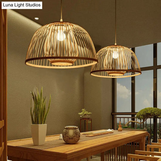 Modern Wooden Domed Ceiling Pendant With Bamboo Suspension And Cage Design