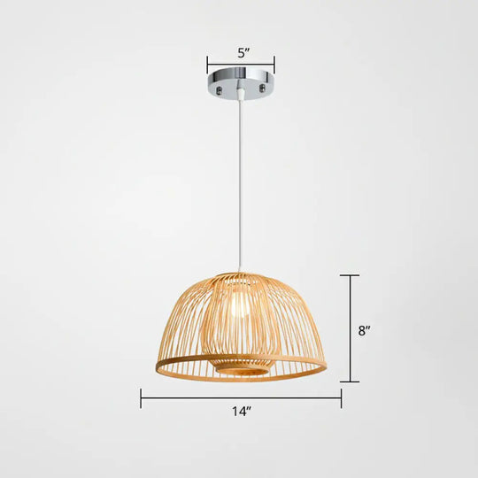 Modern Wood Domed Ceiling Pendant: Bamboo Suspension Lamp With Cage Inner / 14’