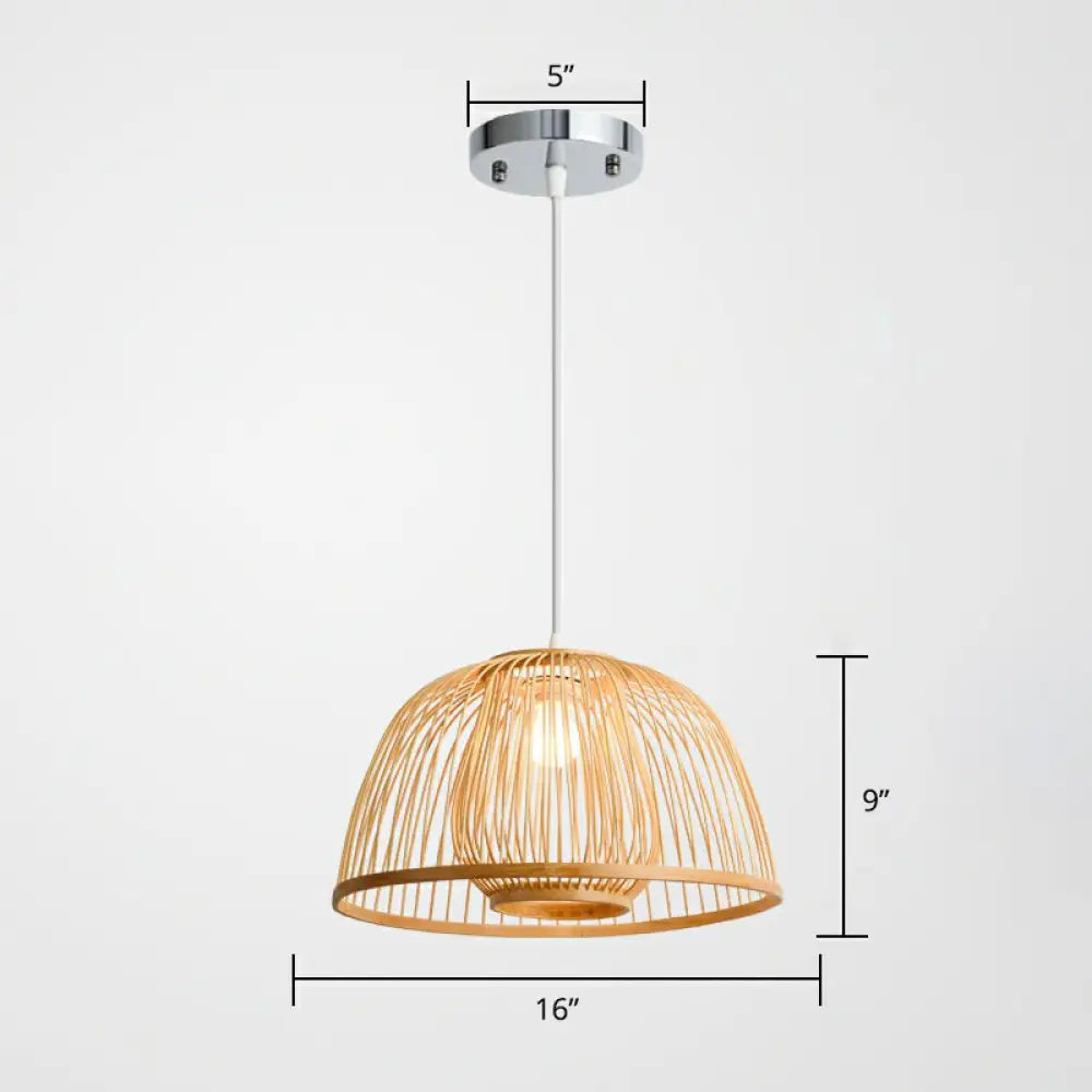 Modern Wood Domed Ceiling Pendant: Bamboo Suspension Lamp With Cage Inner / 16’