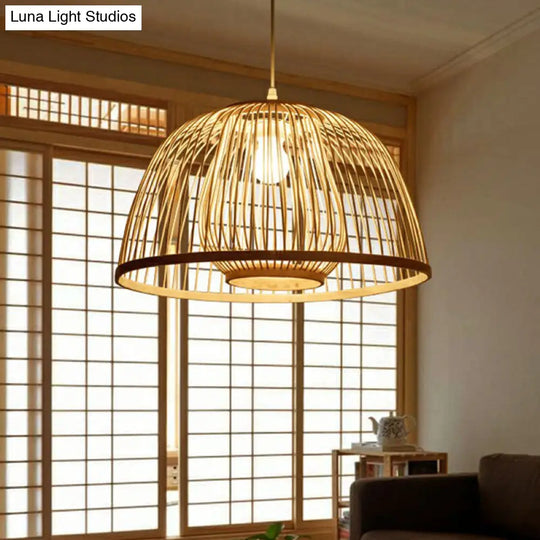 Modern Wooden Domed Ceiling Pendant With Bamboo Suspension And Cage Design