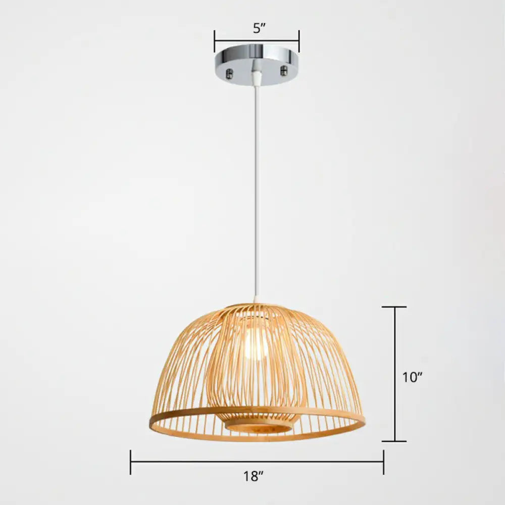 Modern Wood Domed Ceiling Pendant: Bamboo Suspension Lamp With Cage Inner / 18’