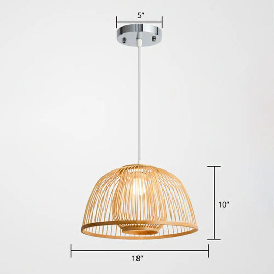 Modern Wood Domed Ceiling Pendant: Bamboo Suspension Lamp With Cage Inner / 18’