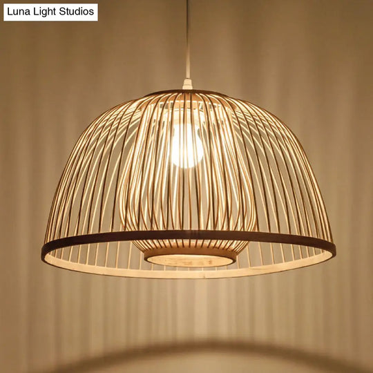 Modern Wood Domed Ceiling Pendant: Bamboo Suspension Lamp With Cage Inner