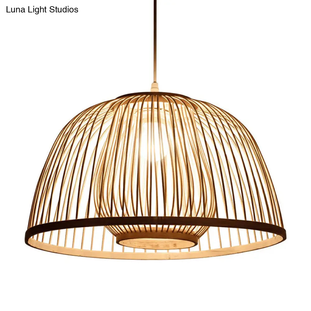 Modern Wood Domed Ceiling Pendant: Bamboo Suspension Lamp With Cage Inner