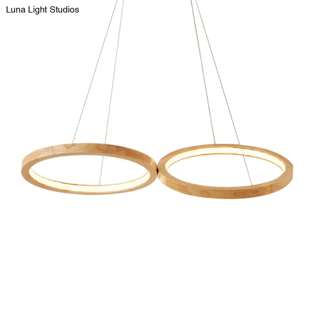 Modern Wood Double-Ring Pendant Light Chandelier For Dining Room In Beige