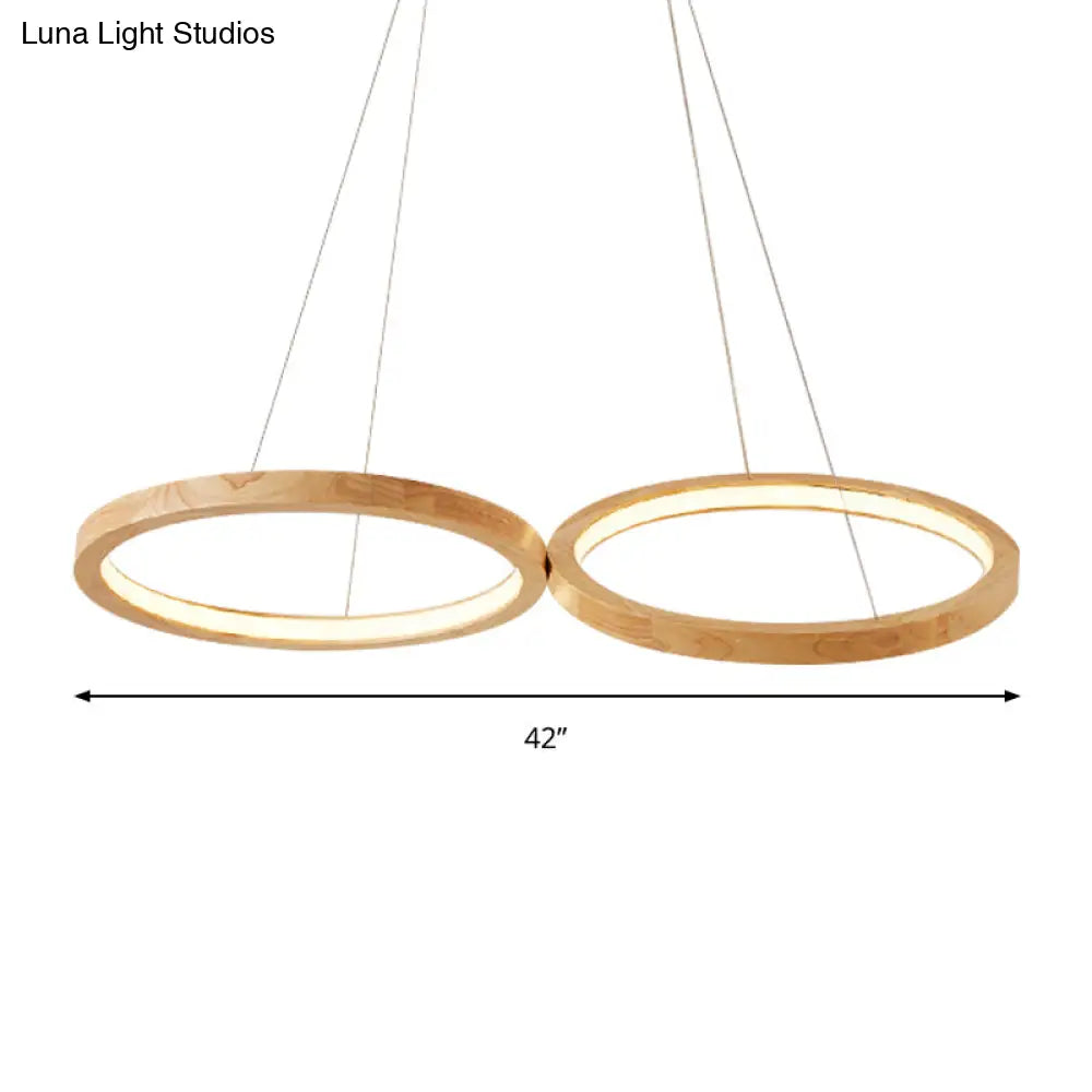 Modern Wood Double-Ring Pendant Light Chandelier For Dining Room In Beige