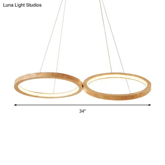 Modern Wood Double-Ring Pendant Light Chandelier For Dining Room In Beige