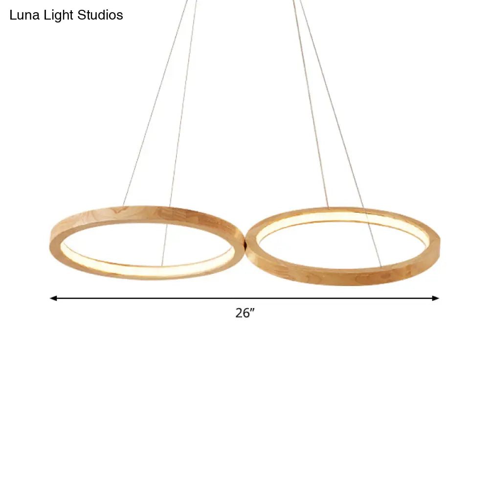 Modern Wood Double-Ring Pendant Light Chandelier For Dining Room In Beige