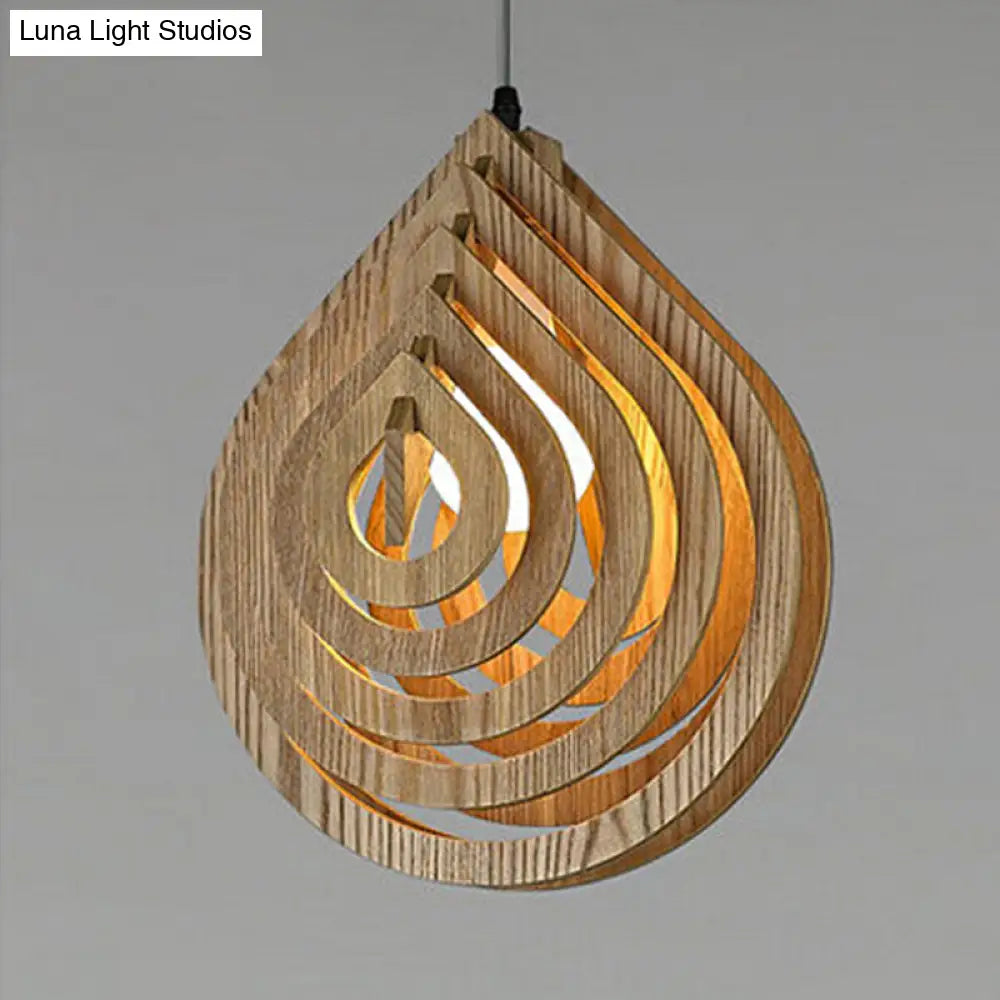 Modern Wood Droplet Pendant Light - Beige Bedside Down Lighting