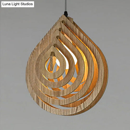 Modern Wood Bedside Pendant Light: Hollowed-Out Droplet In Beige