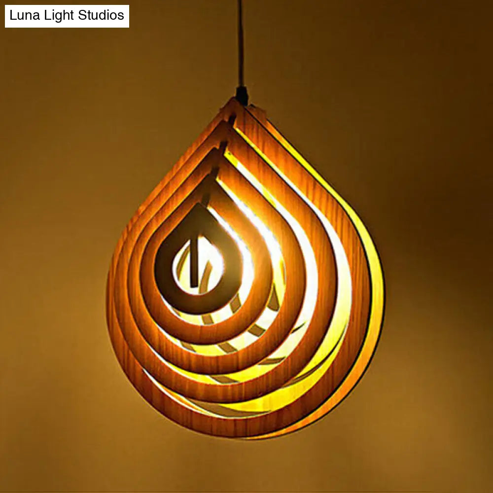 Modern Wood Bedside Pendant Light: Hollowed-Out Droplet In Beige