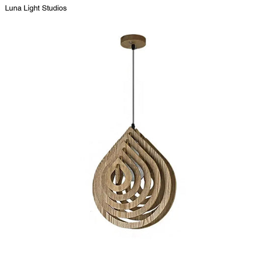 Modern Wood Bedside Pendant Light: Hollowed-Out Droplet In Beige