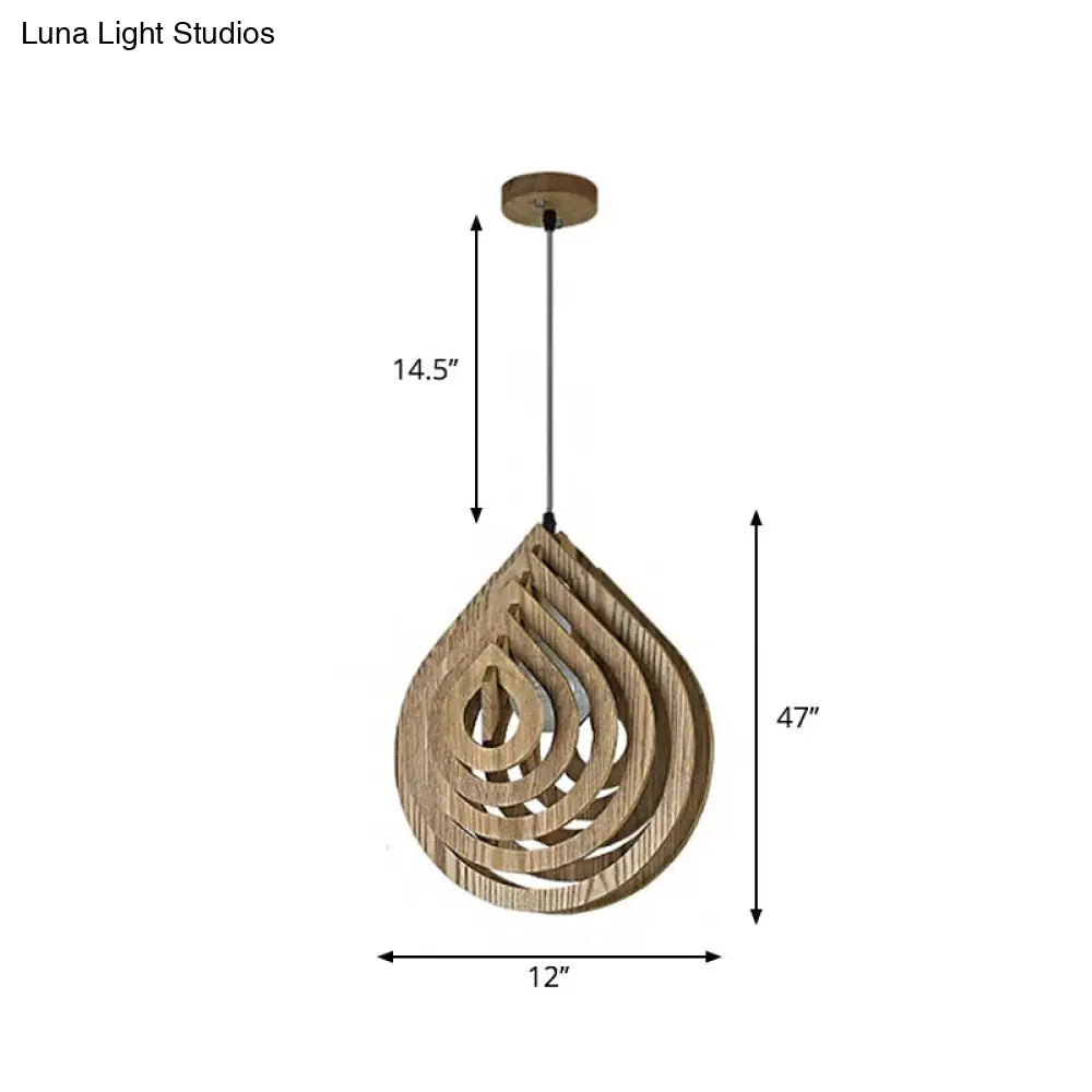 Modern Wood Bedside Pendant Light: Hollowed-Out Droplet In Beige