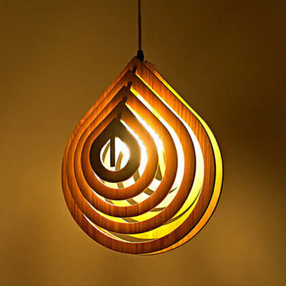 Modern Wood Droplet Pendant Light - Beige Bedside Down Lighting