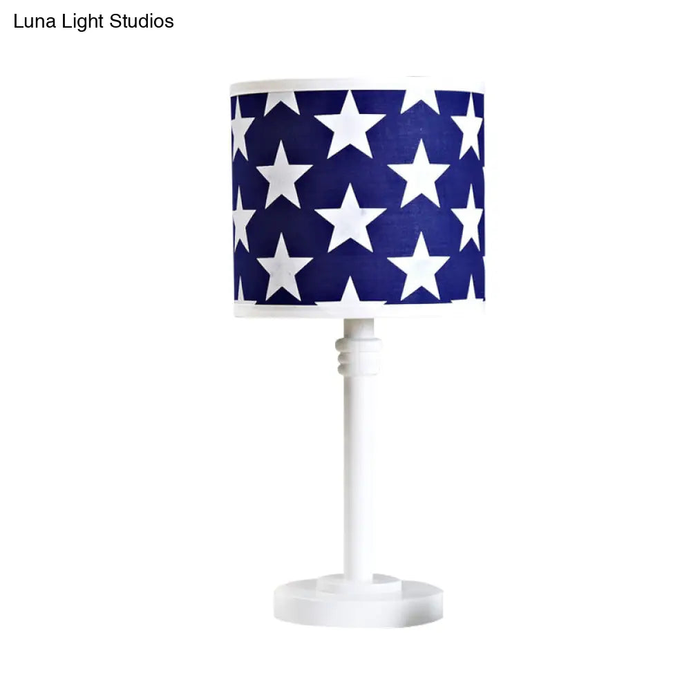 Modern Wood Drum Table Lamp With Star Pattern Blue Night Light