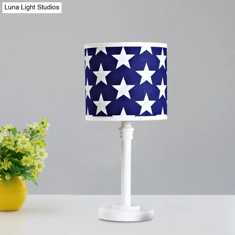 Modern Wood Drum Table Lamp With Star Pattern Blue Night Light