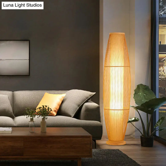 Modern Wood Floor Lamp With Oval Bamboo Cage Shade - 1-Head Living Room Light