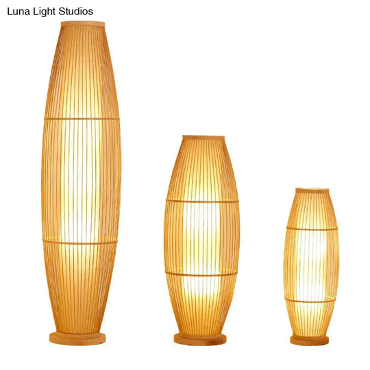 Modern Wood Floor Lamp With Oval Bamboo Cage Shade - 1-Head Living Room Light