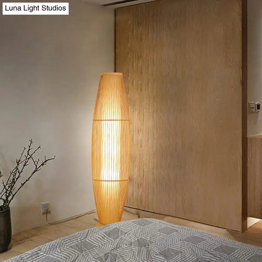 Modern Wood Floor Lamp With Oval Bamboo Cage Shade - 1-Head Living Room Light