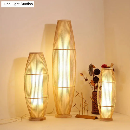 Modern Wood Floor Lamp With Oval Bamboo Cage Shade - 1-Head Living Room Light