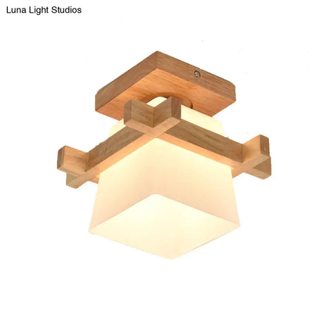 Modern Wood Flush Mount Lamp - White Glass With Trapezoid Design