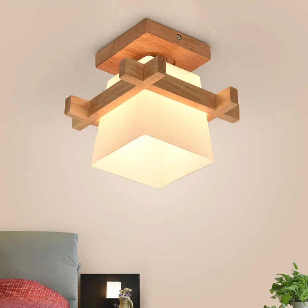 Modern Wood Flush Mount Lamp - White Glass With Trapezoid Design