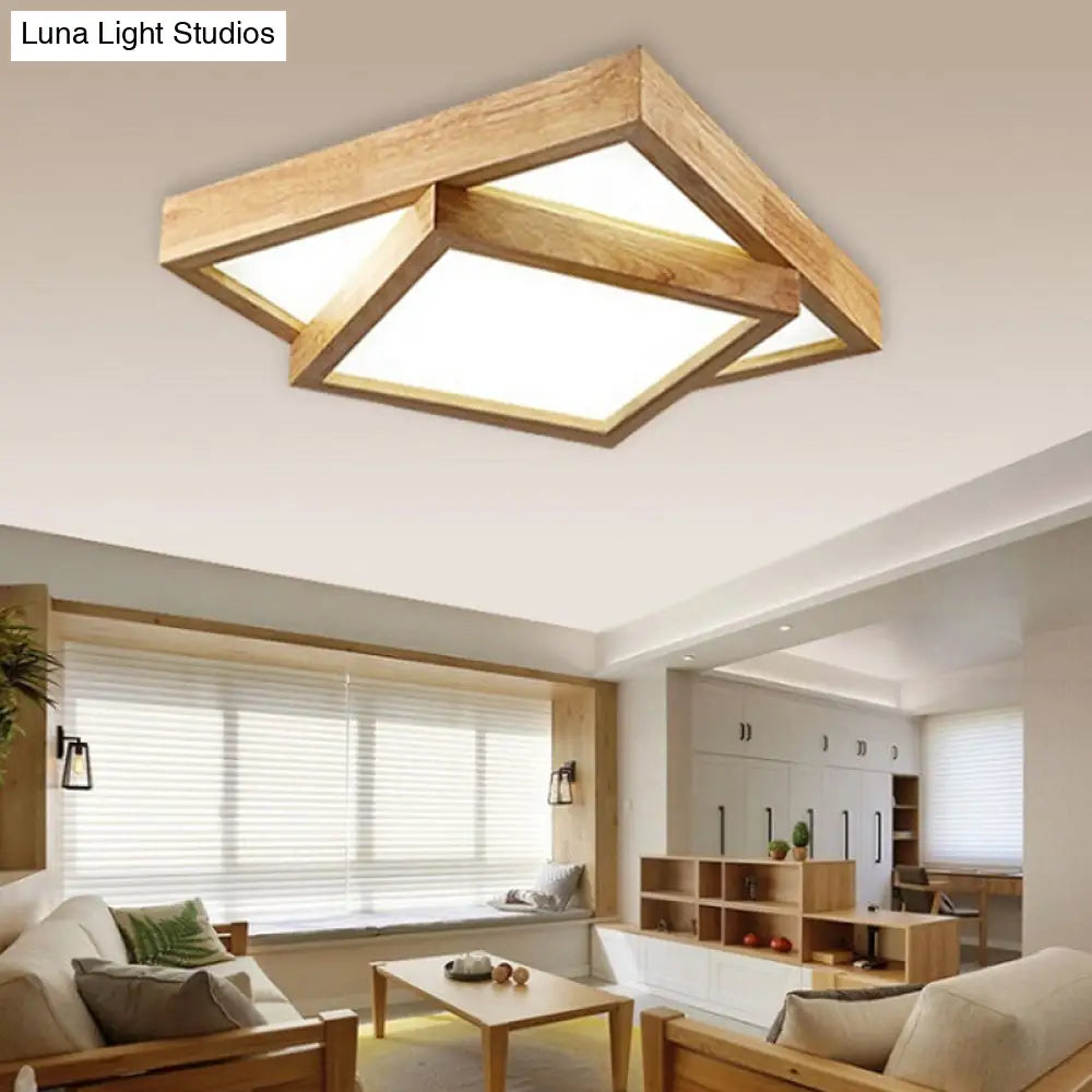 Modern Wood Flush Mount Led Ceiling Light For Bedroom - 19/25/31.5 Wide Square Shape Warm/White / 19