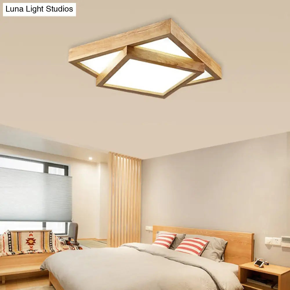 Modern Wood Flush Mount Led Ceiling Light For Bedroom - 19’/25’/31.5’ Wide Square Shape Warm/White