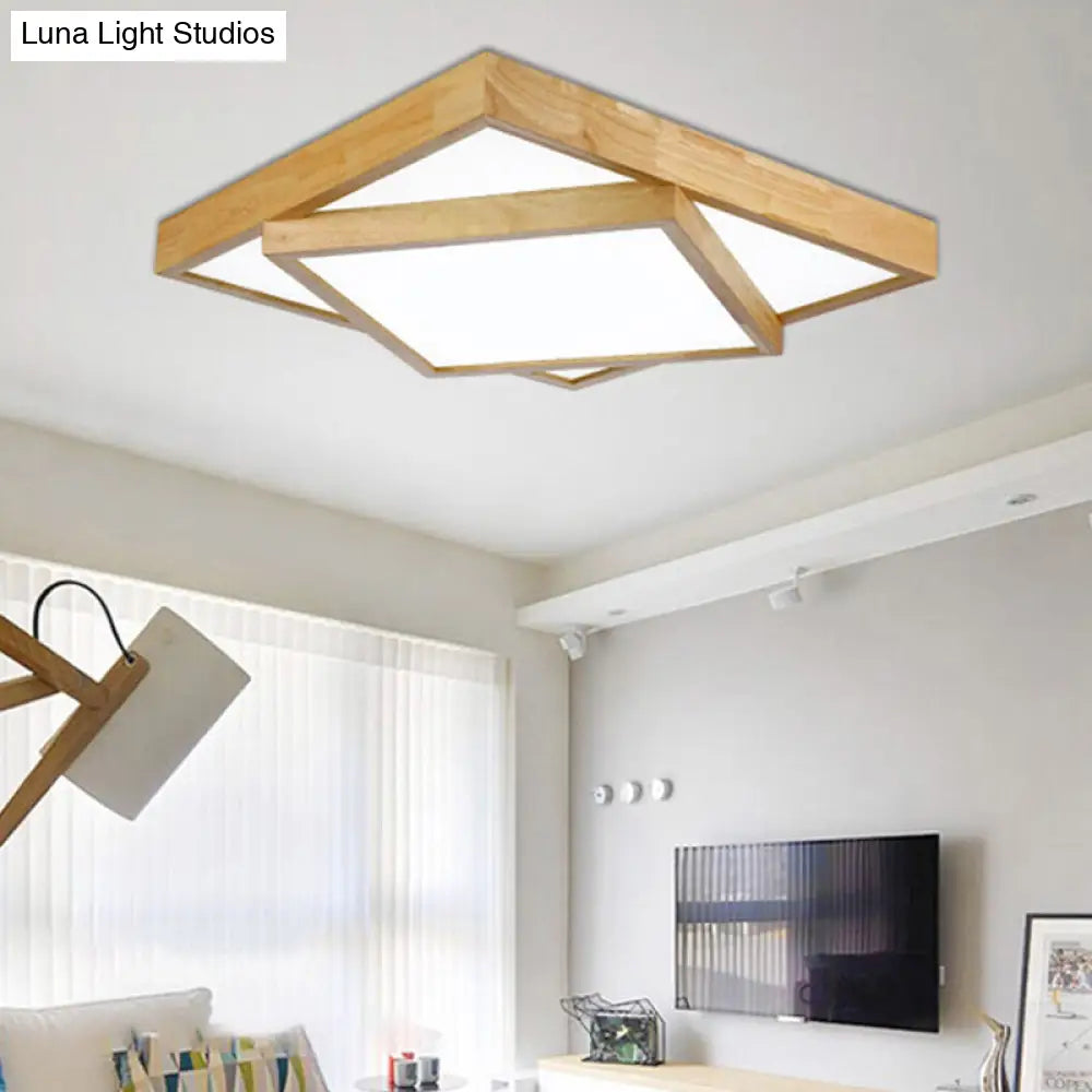 Modern Wood Flush Mount Led Ceiling Light For Bedroom - 19/25/31.5 Wide Square Shape Warm/White