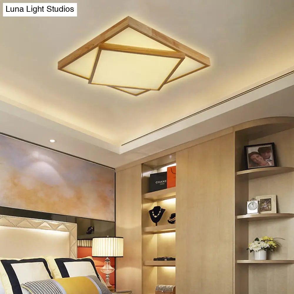 Modern Wood Flush Mount Led Ceiling Light For Bedroom - 19/25/31.5 Wide Square Shape Warm/White