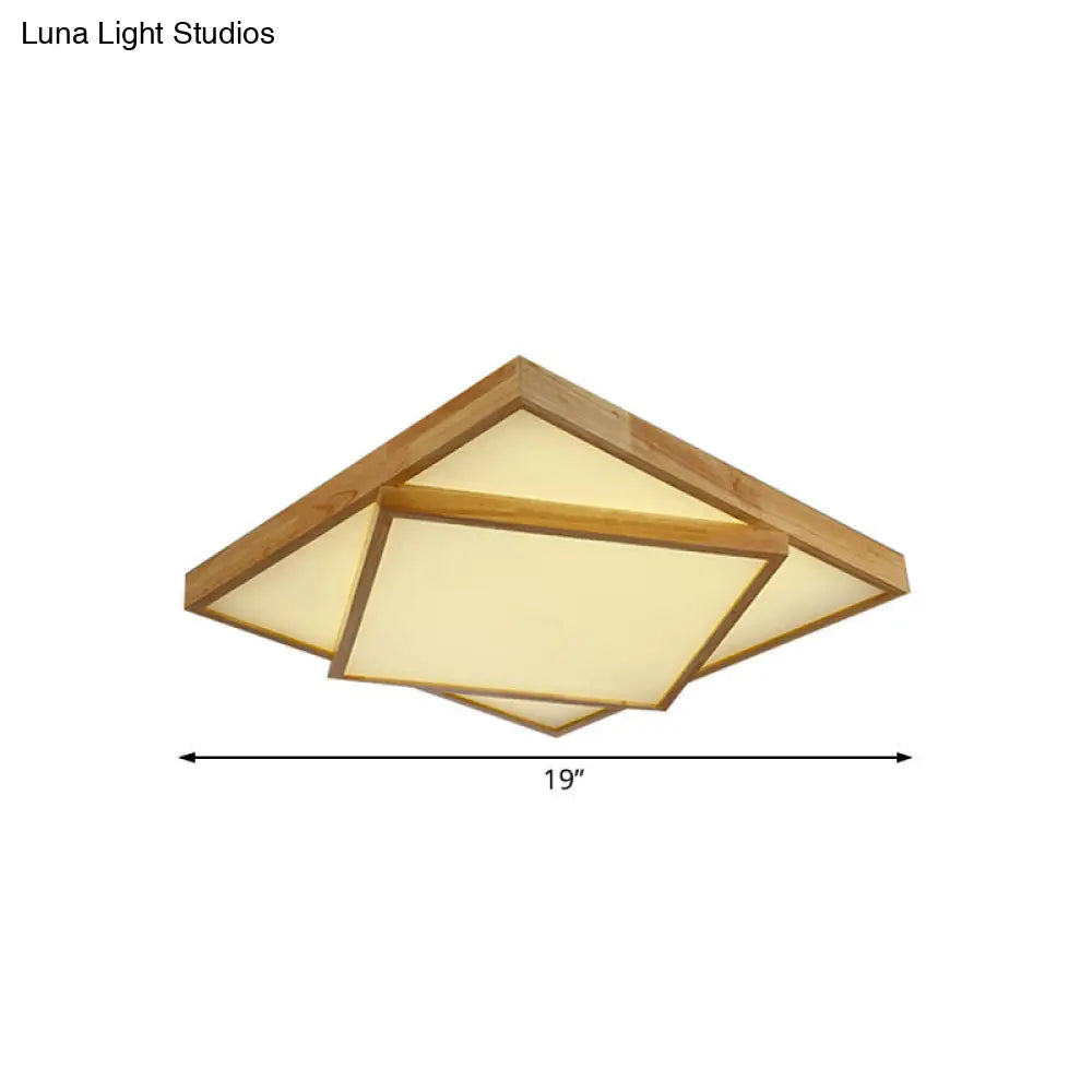 Modern Wood Flush Mount Led Ceiling Light For Bedroom - 19’/25’/31.5’ Wide Square Shape Warm/White