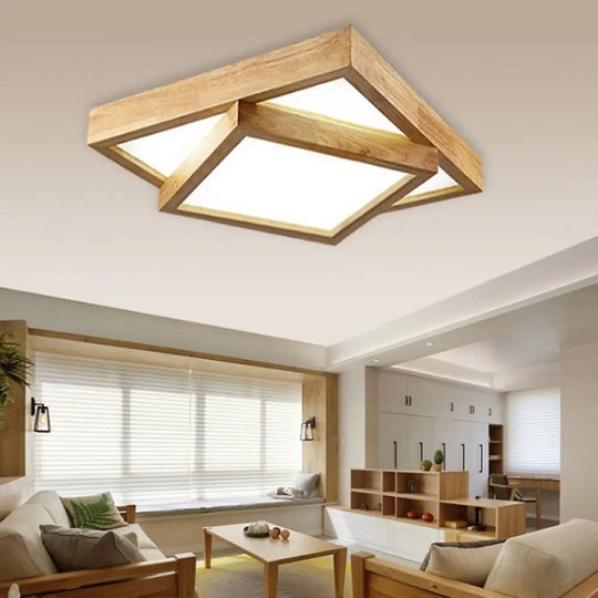 Modern Wood Flush Mount Led Ceiling Light For Bedroom - 19’/25’/31.5’ Wide Square Shape