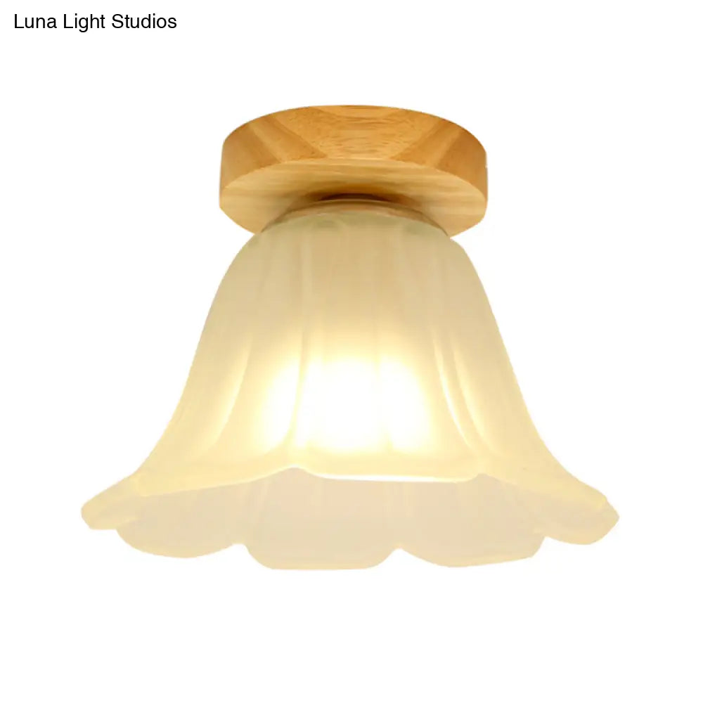 Modern Wood Flush Mount With White Glass Shade - 1 - Head Corridor Lamp