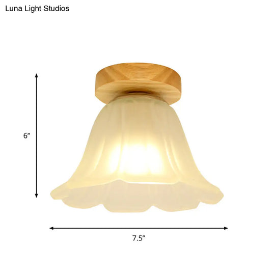 Modern Wood Flush Mount With White Glass Shade - 1-Head Corridor Lamp