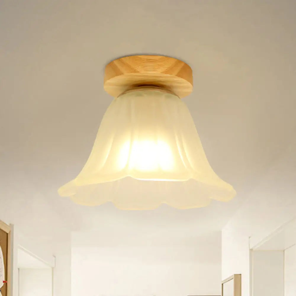 Modern Wood Flush Mount With White Glass Shade - 1 - Head Corridor Lamp