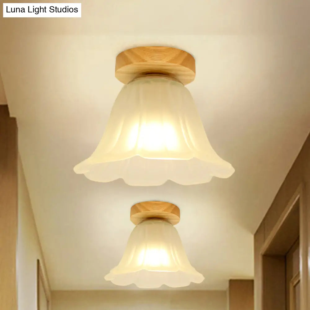 Modern Wood Flush Mount With White Glass Shade - 1-Head Corridor Lamp