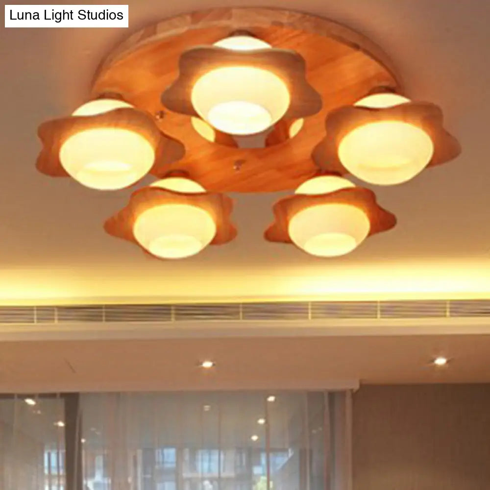 Modern Wood Flushmount Ceiling Light With Ivory Glass Shade And 5 Lights For Bedroom