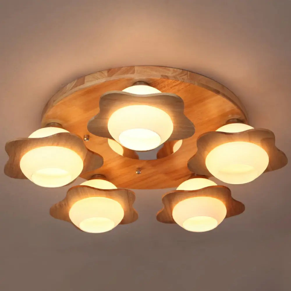 Modern Wood Flushmount Ceiling Light With Ivory Glass Shade And 5 Lights For Bedroom