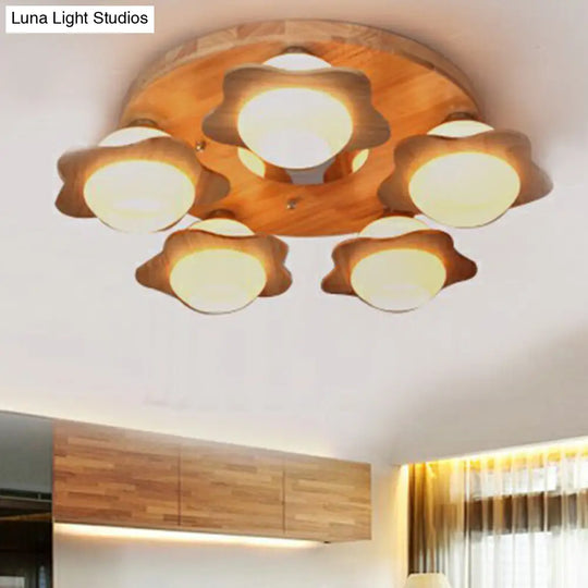 Modern Wood Flushmount Ceiling Light With Ivory Glass Shade And 5 Lights For Bedroom