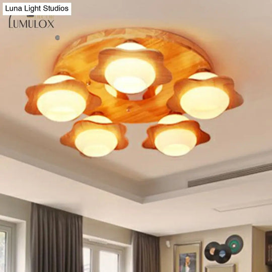 Modern Wood Flushmount With Flower Ivory Glass Shade - 5 Lights Bedroom Flush Ceiling Light