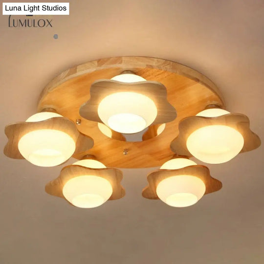 Modern Wood Flushmount With Flower Ivory Glass Shade - 5 Lights Bedroom Flush Ceiling Light