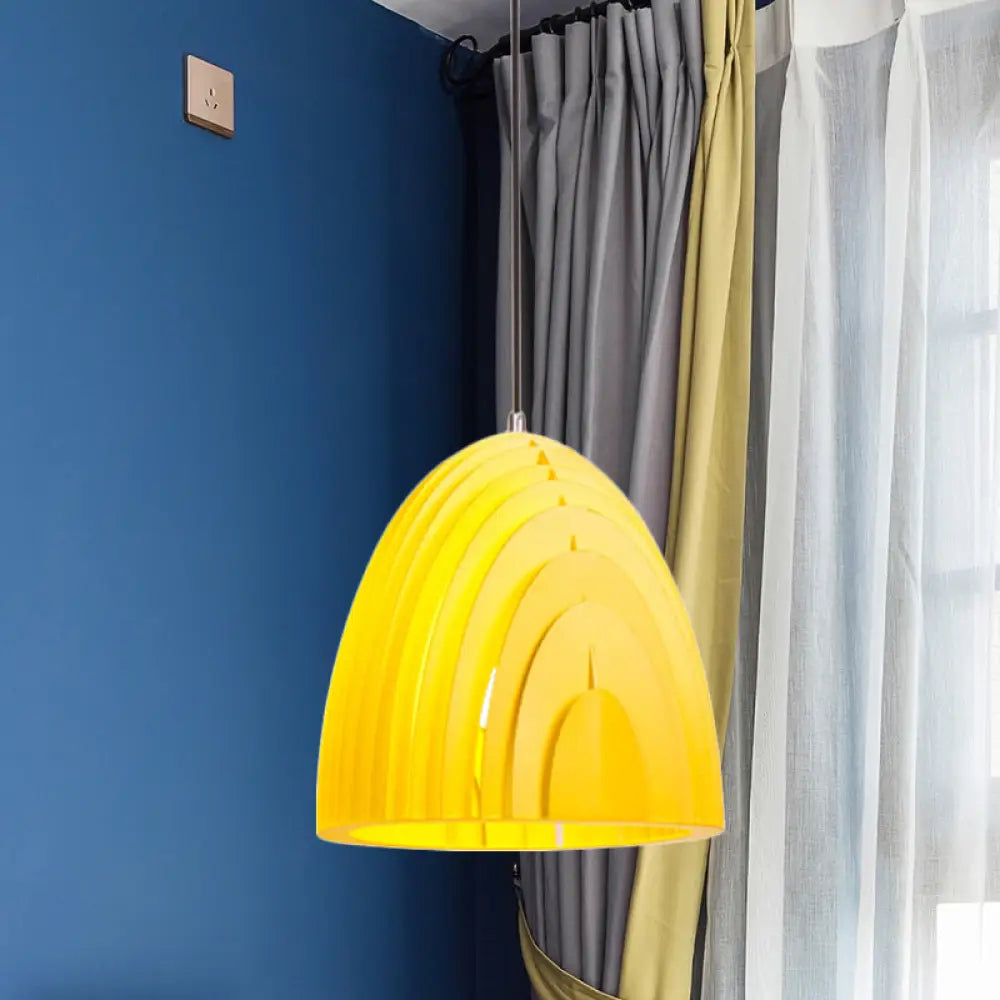 Modern Wood Grain Dome Pendant Light: Single White/Yellow/Blue Lamp Kit Yellow