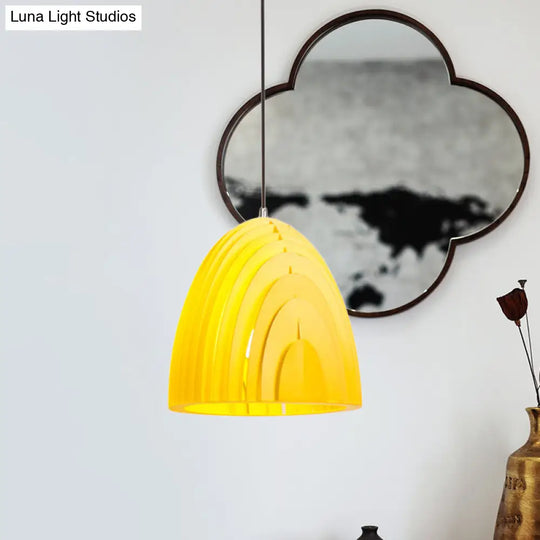 Modern Wood Grain Dome Pendant Light: Single White/Yellow/Blue Lamp Kit