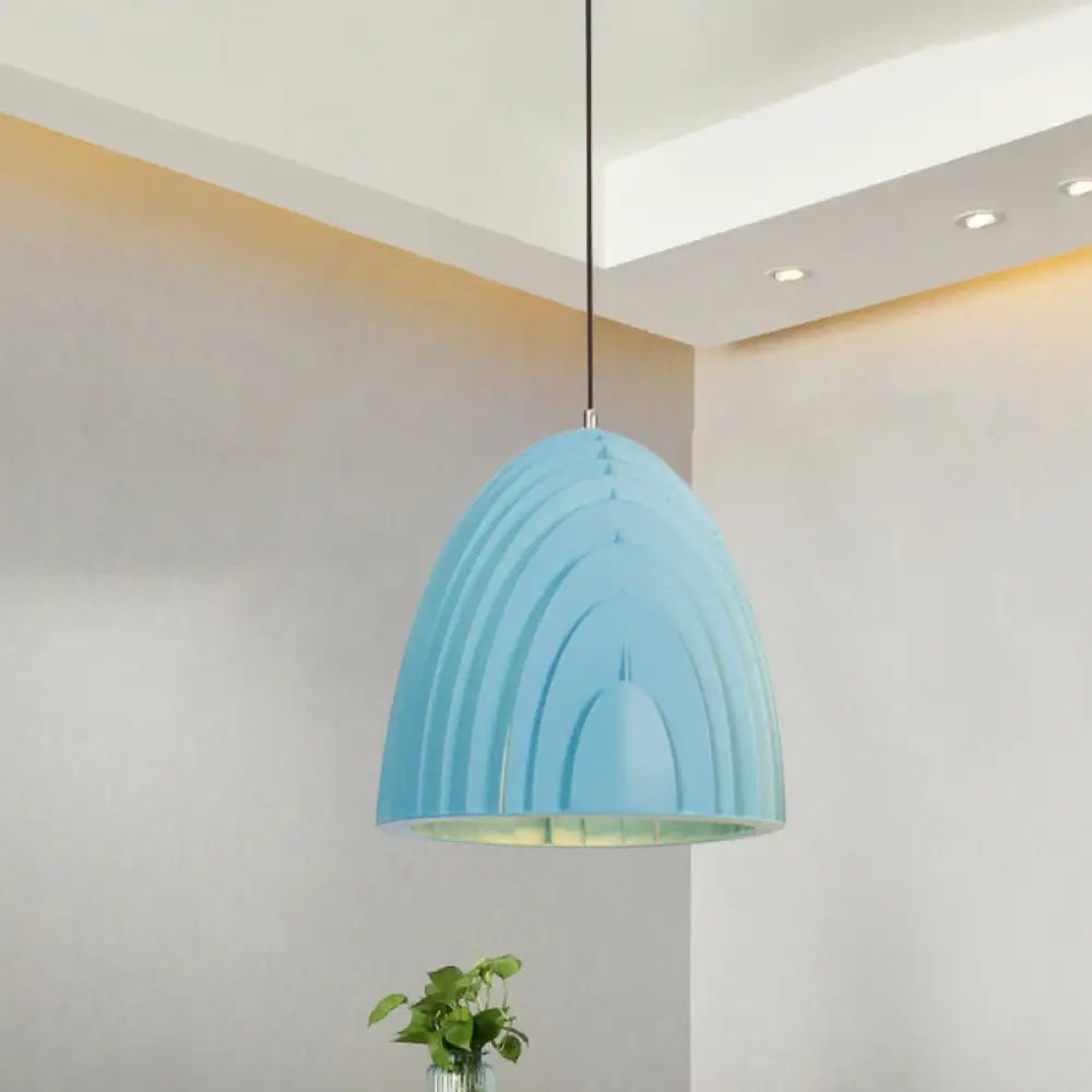 Modern Wood Grain Dome Pendant Light: Single White/Yellow/Blue Lamp Kit Blue