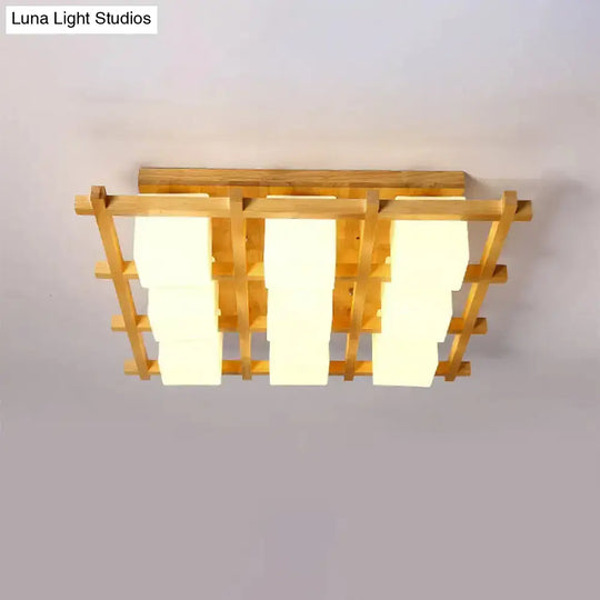 Modern Wood Grid Semi Flush Mount Ceiling Light With 4/6/9 Milk Glass Heads In Beige