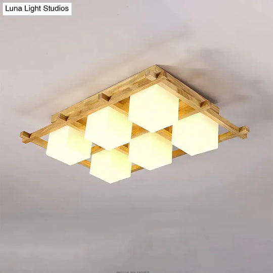 Modern Wood Grid Semi Flush Mount Ceiling Light With 4/6/9 Milk Glass Heads In Beige