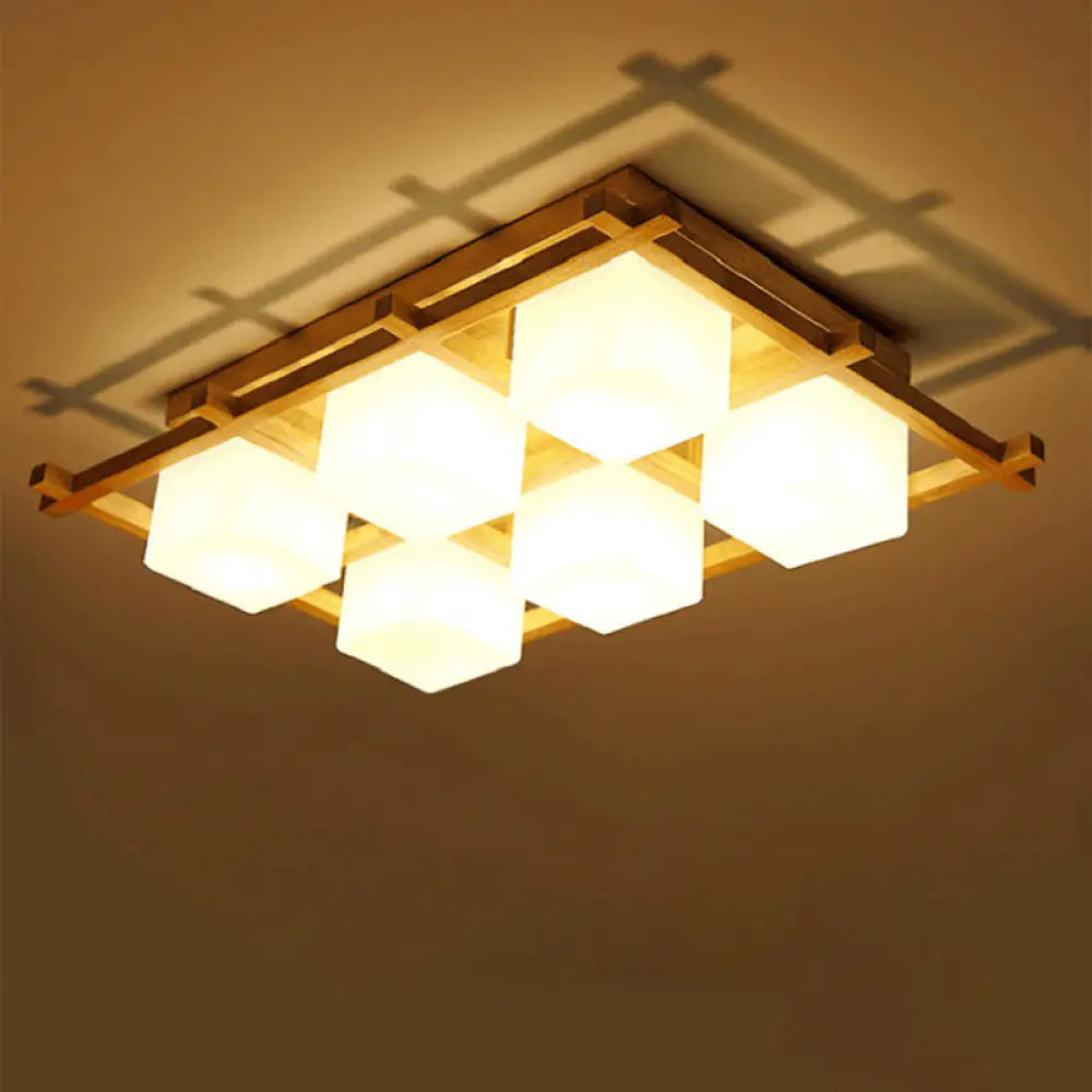 Modern Wood Grid Semi Flush Mount Ceiling Light With 4/6/9 Milk Glass Heads In Beige 6 /