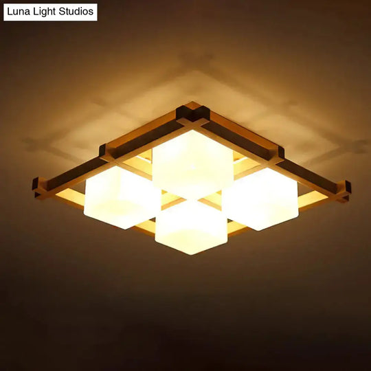 Modern Wood Grid Semi Flush Mount Ceiling Light With 4/6/9 Milk Glass Heads In Beige