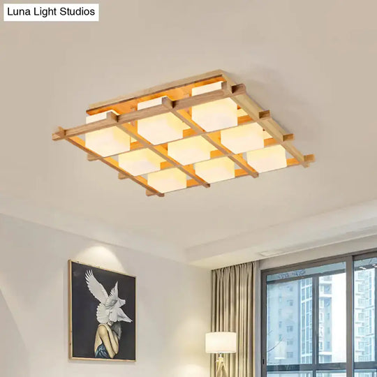 Modern Wood Grid Semi Flush Mount Ceiling Light With 4/6/9 Milk Glass Heads In Beige