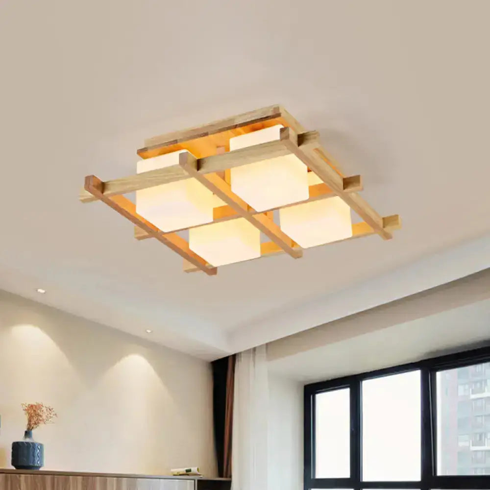 Modern Wood Grid Semi Flush Mount Ceiling Light With 4/6/9 Milk Glass Heads In Beige 4 /